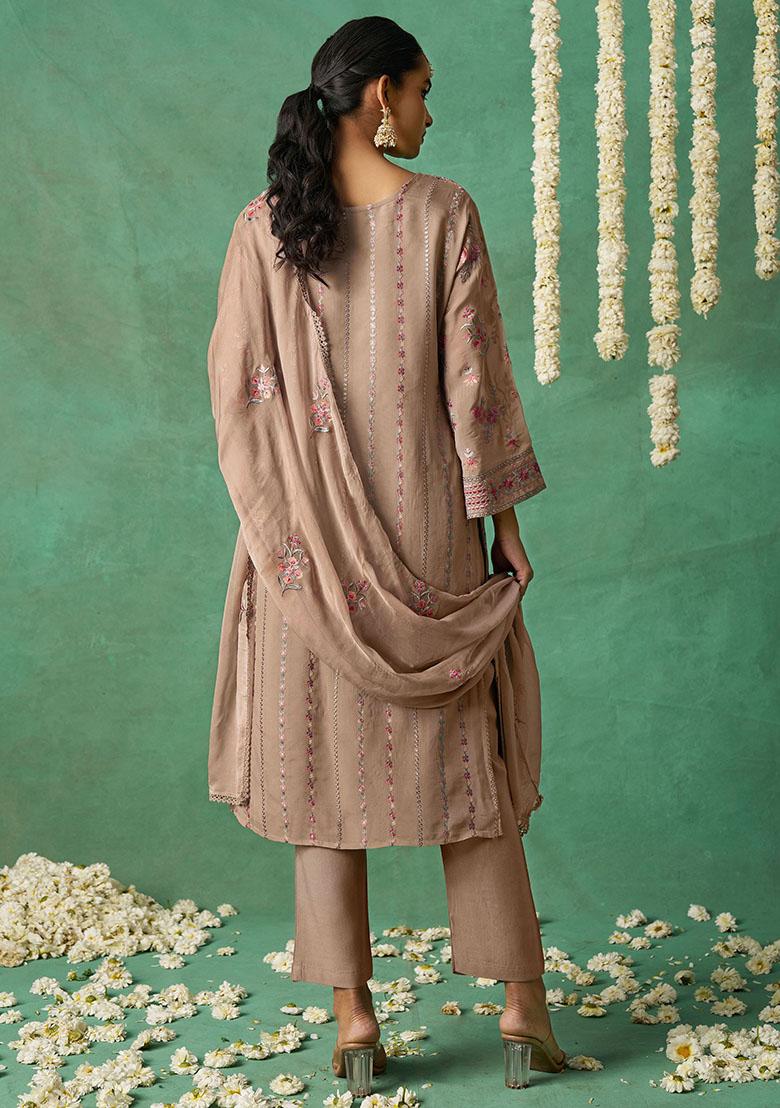 Beige Embroidered Organza Kurta Set