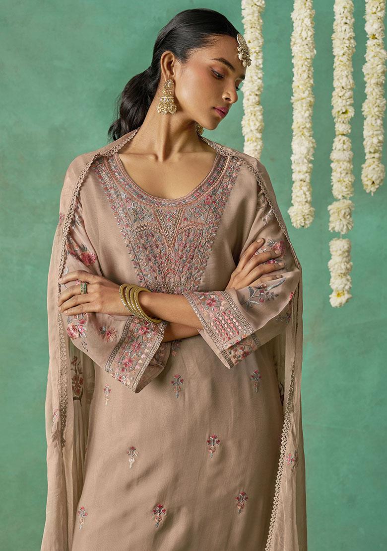 Beige Embroidered Organza Kurta Set