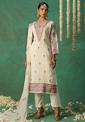 Off White Embroidered Organza Kurta Set