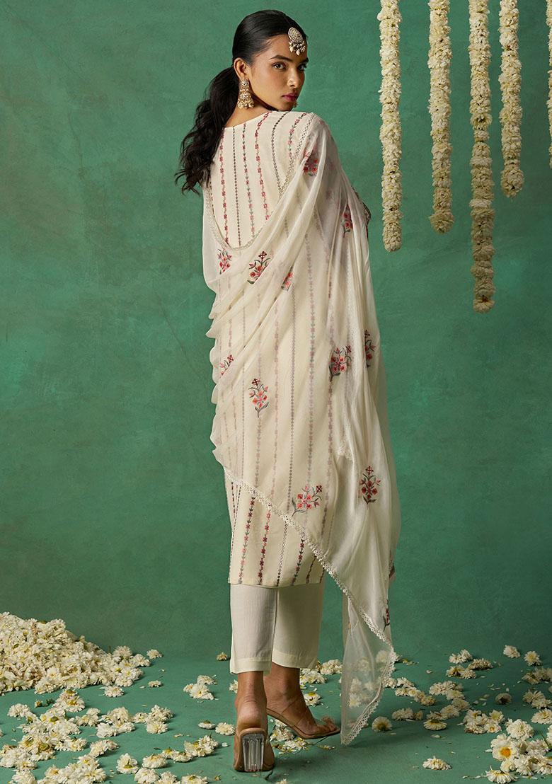Off White Embroidered Organza Kurta Set