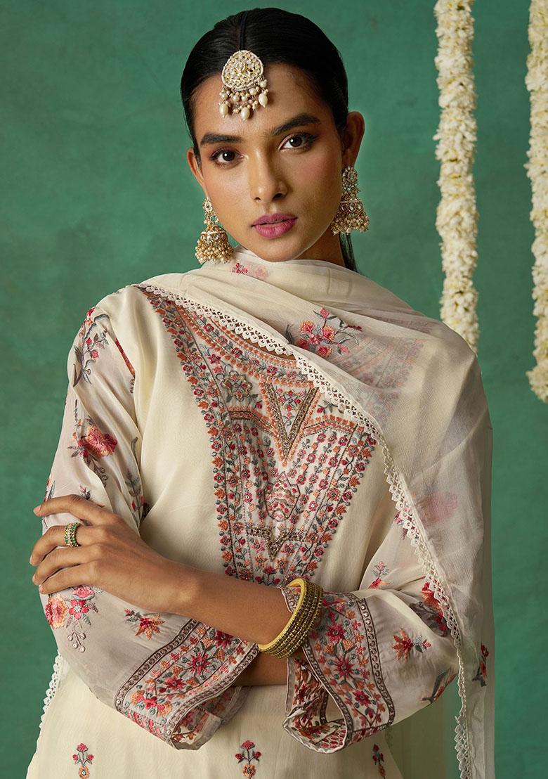 Off White Embroidered Organza Kurta Set