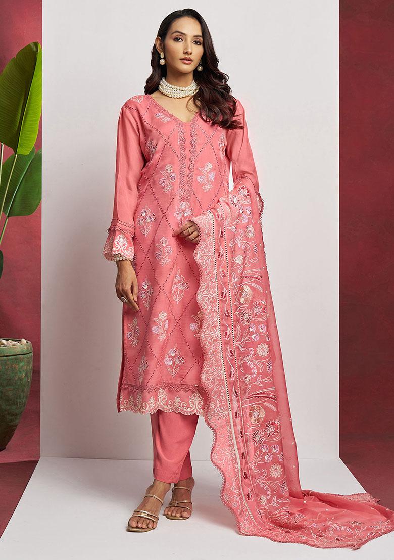 Peach Embroidered Organza Kurta Set