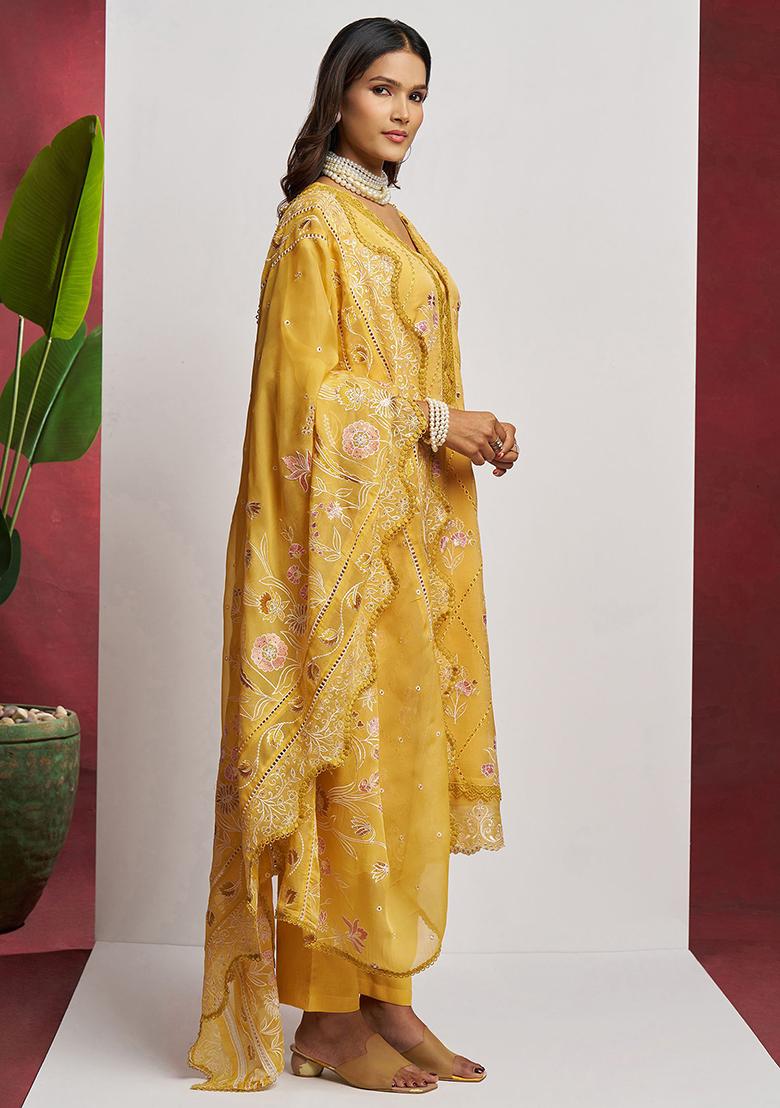 Yellow Embroidered Organza Kurta Set