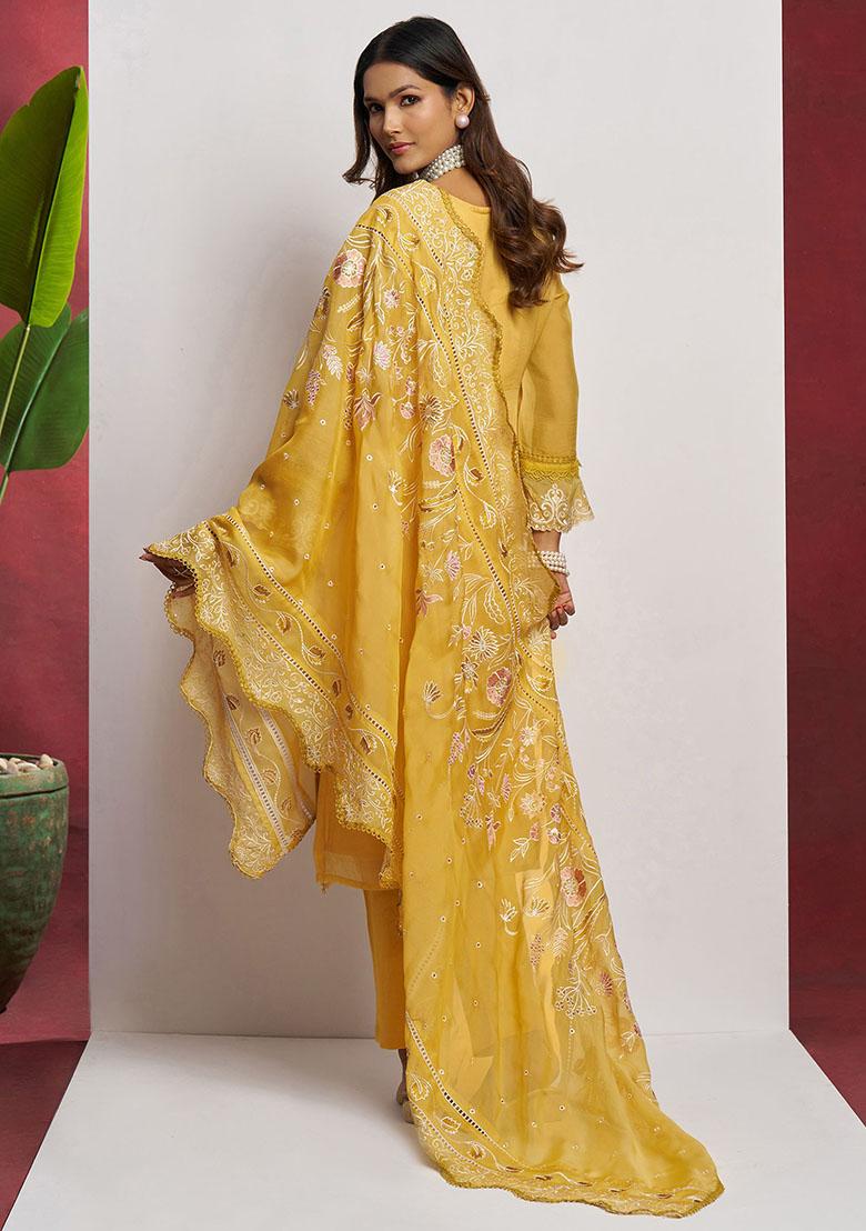 Yellow Embroidered Organza Kurta Set