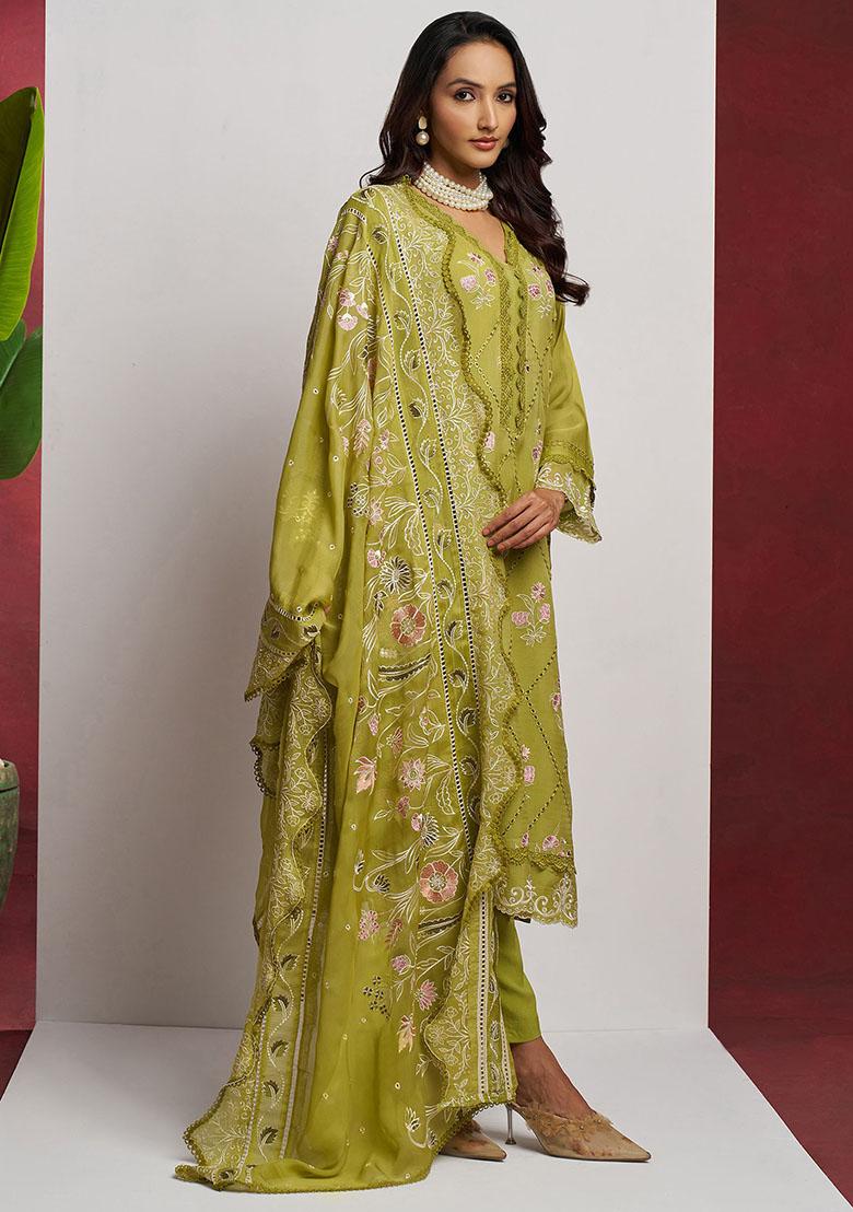 Green Embroidered Organza Kurta Set