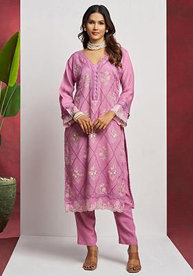 Pink Embroidered Organza Kurta Set