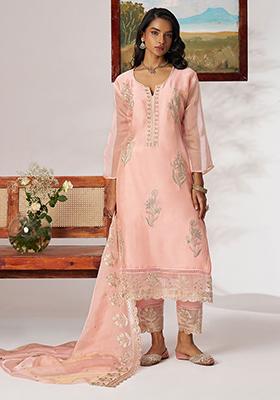 Peach Embroidered Organza Kurta Set