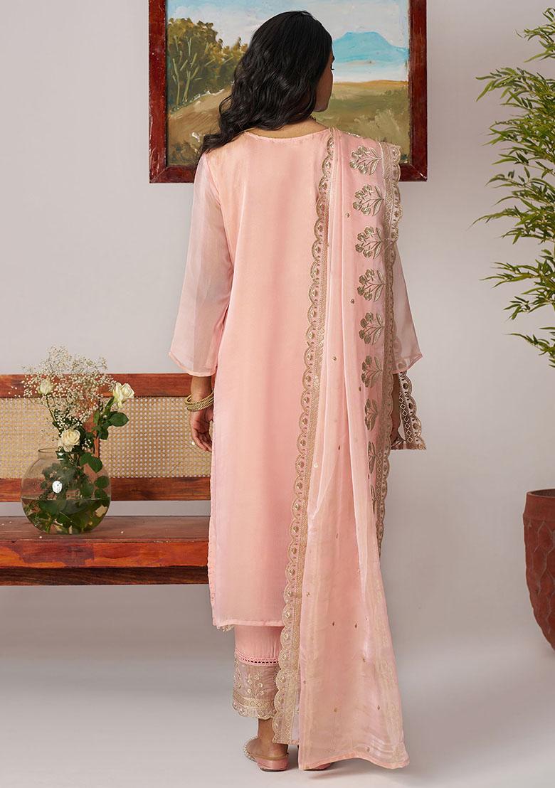 Peach Embroidered Organza Kurta Set