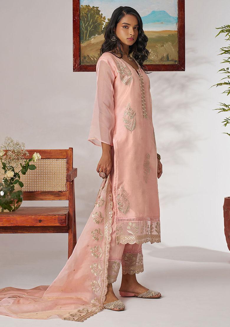 Peach Embroidered Organza Kurta Set