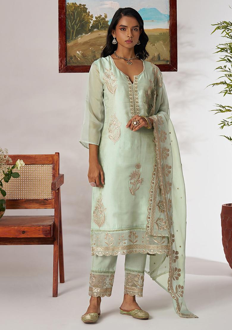 Green Embroidered Organza Kurta Set
