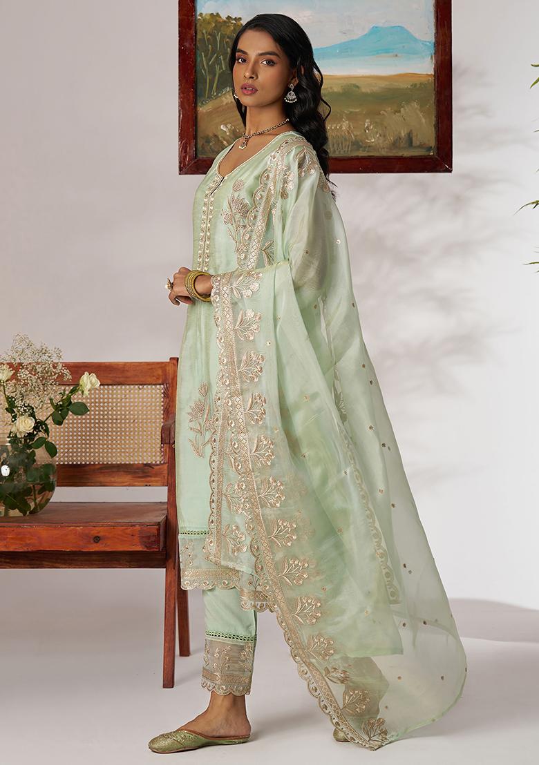 Green Embroidered Organza Kurta Set