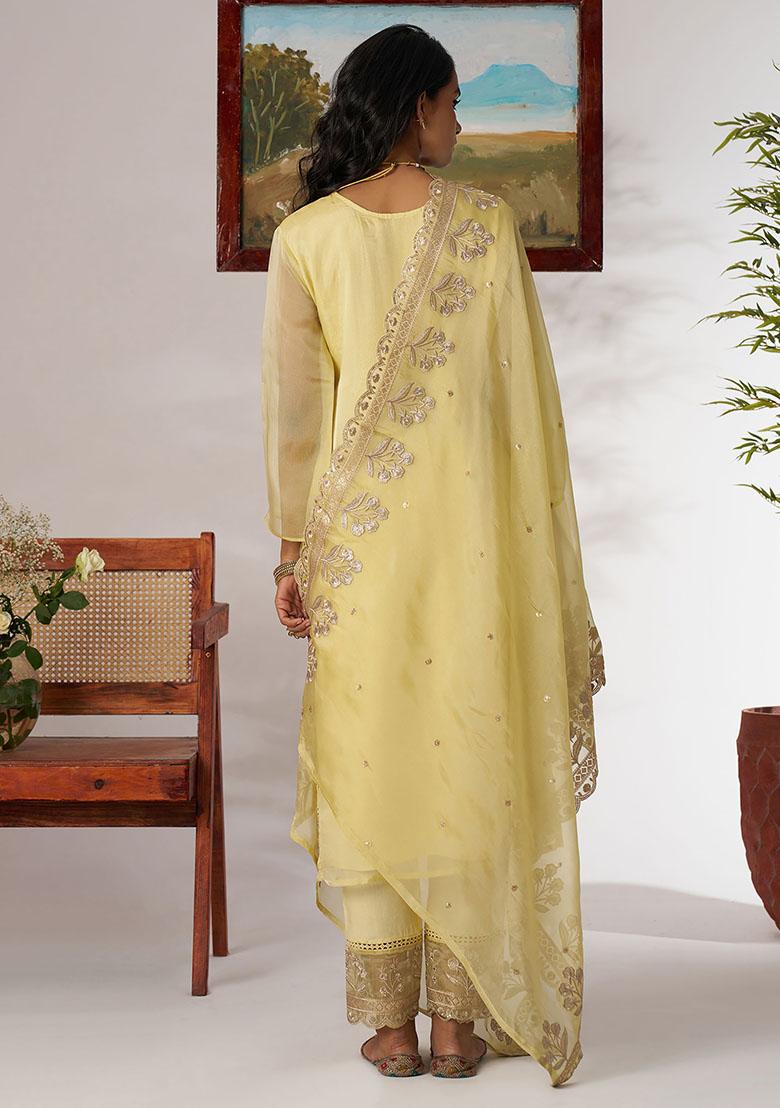 Yellow Embroidered Organza Kurta Set