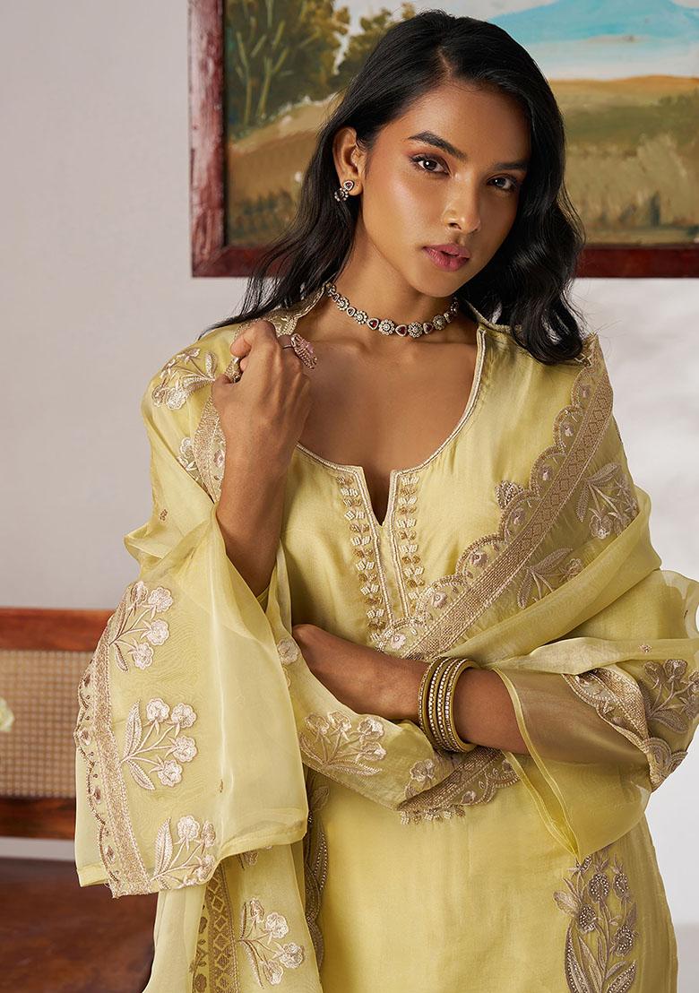 Yellow Embroidered Organza Kurta Set