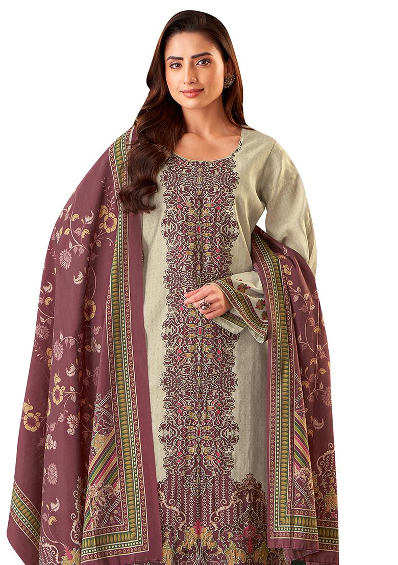 Cream Printed Muslin Dress Material