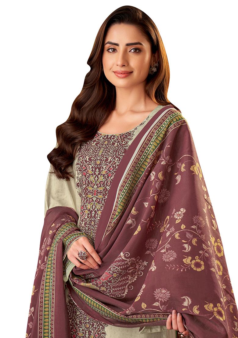 Cream Printed Muslin Dress Material