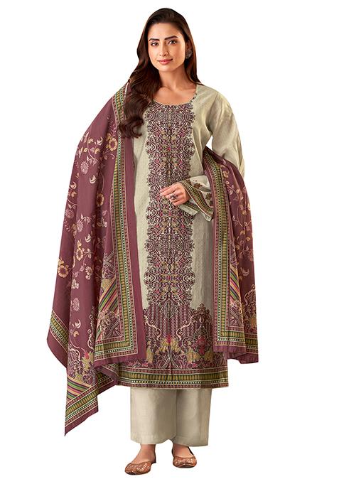 Cream Printed Muslin Dress Material