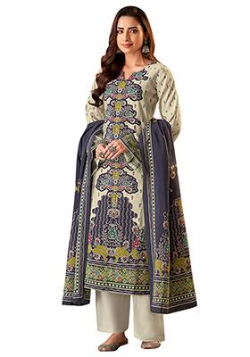 Cream Printed Muslin Dress Material