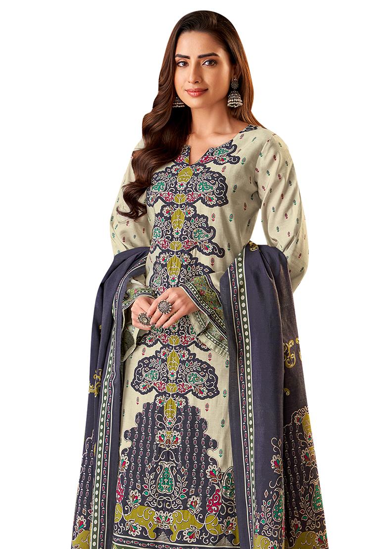 Cream Printed Muslin Dress Material