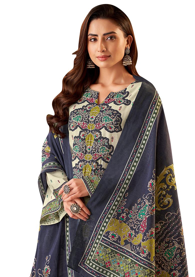 Cream Printed Muslin Dress Material