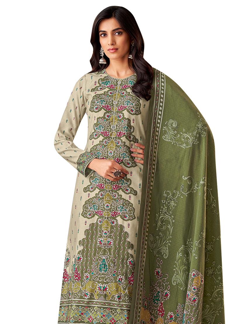 Cream Printed Muslin Dress Material