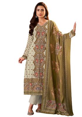 Cream Printed Muslin Dress Material