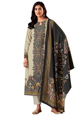 Cream Printed Muslin Dress Material