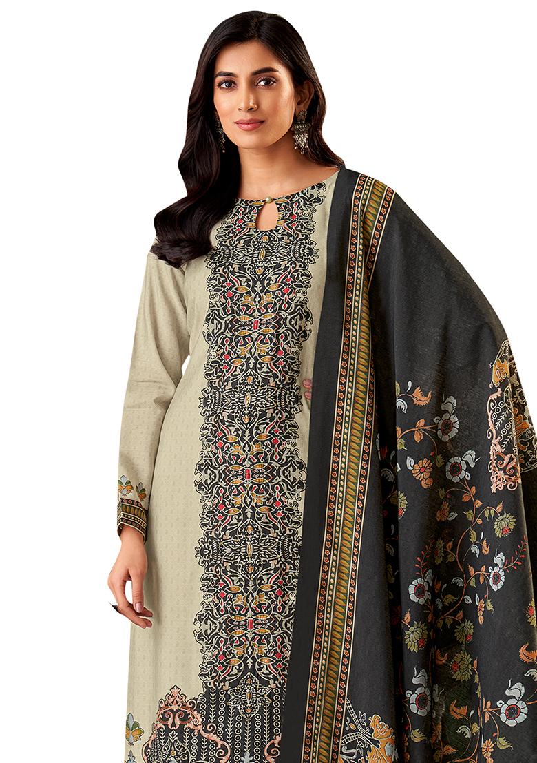 Cream Printed Muslin Dress Material