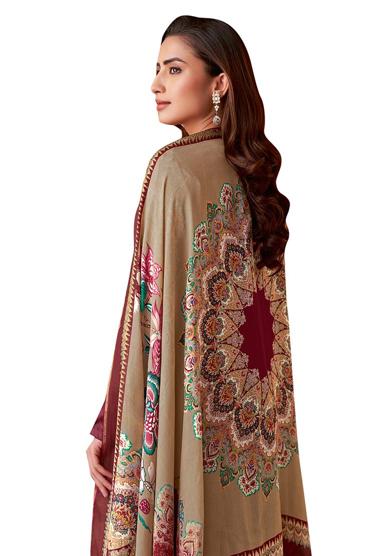 Maroon Embroidered Muslin Dress Material