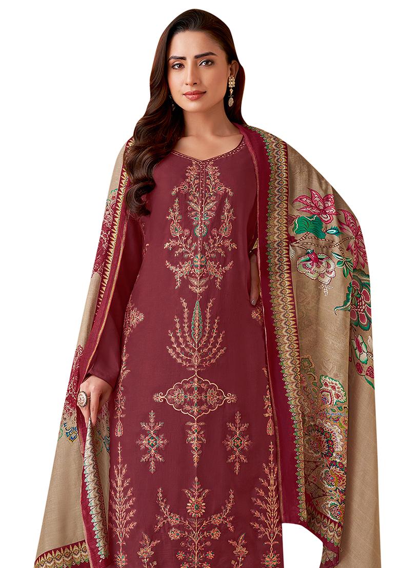Maroon Embroidered Muslin Dress Material