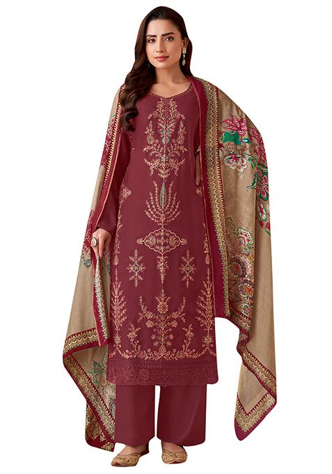 Maroon Embroidered Muslin Dress Material