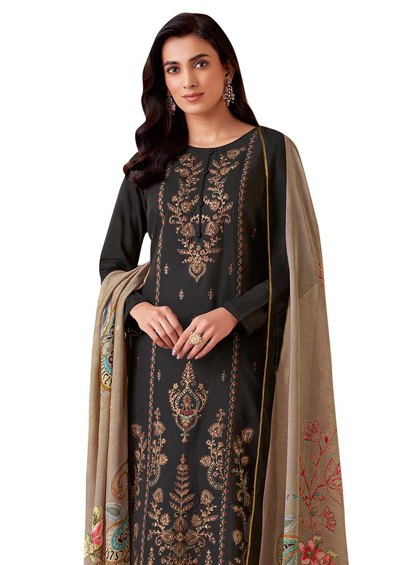 Black Embroidered Muslin Dress Material