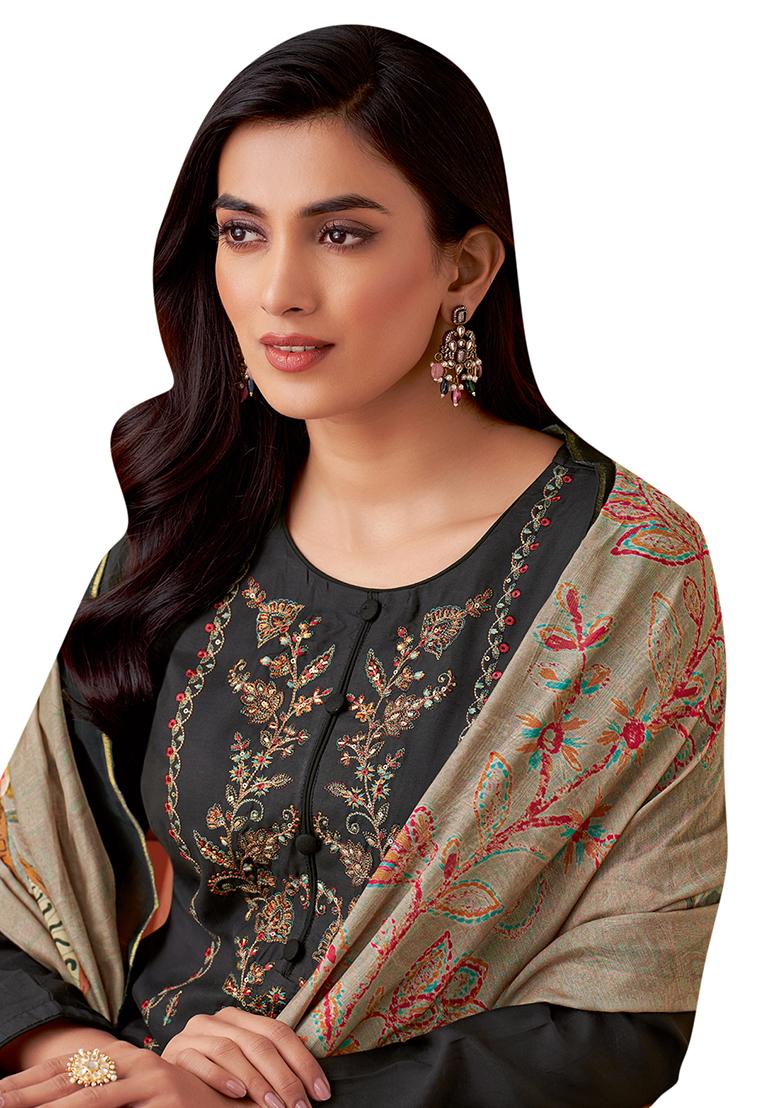 Black Embroidered Muslin Dress Material