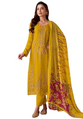 Yellow Embroidered Muslin Dress Material