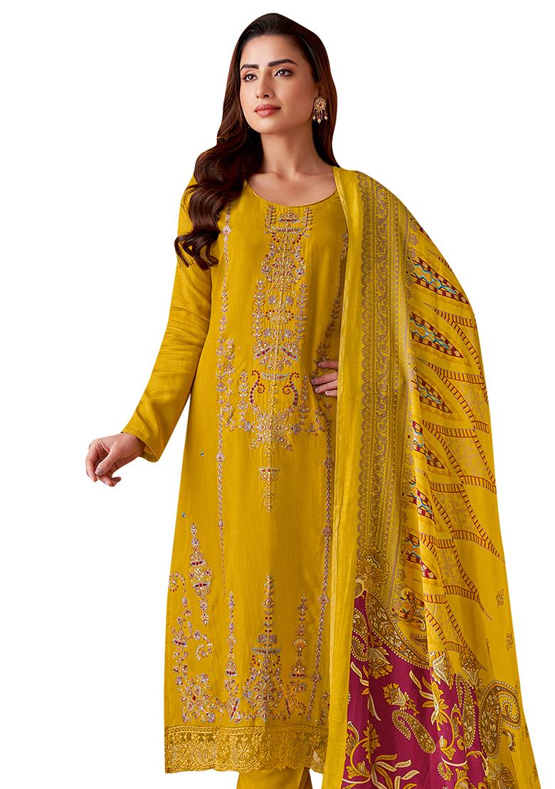 Yellow Embroidered Muslin Dress Material