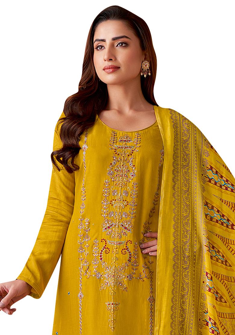 Yellow Embroidered Muslin Dress Material