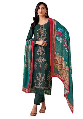 Teal Blue Embroidered Muslin Dress Material