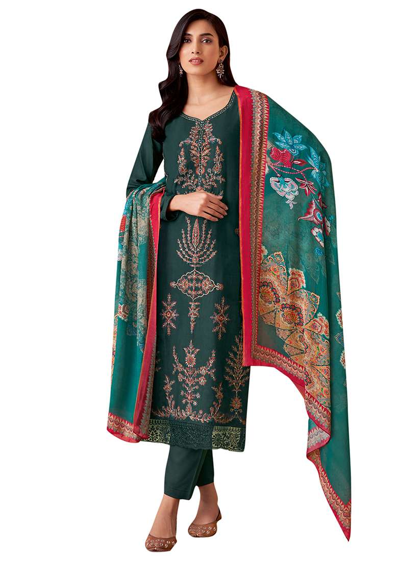 Teal Blue Embroidered Muslin Dress Material - Indya