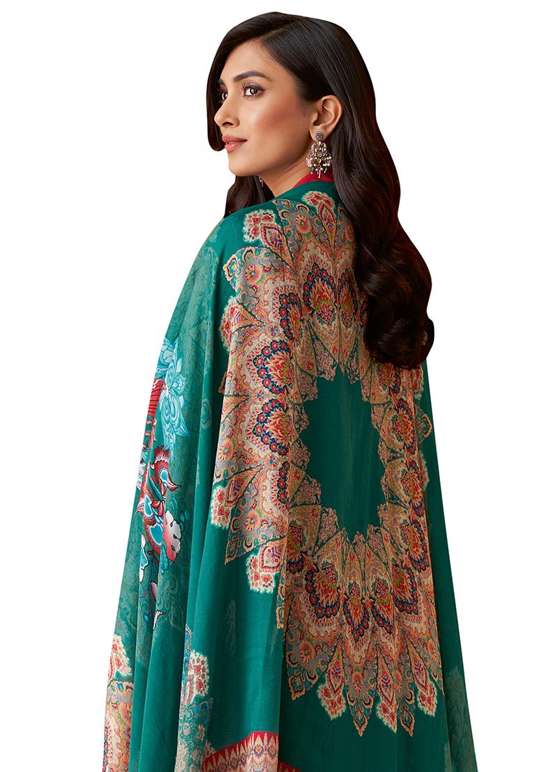 Teal Blue Embroidered Muslin Dress Material