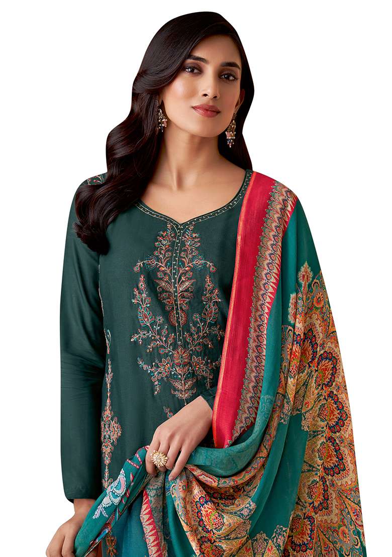 Teal Blue Embroidered Muslin Dress Material - Indya