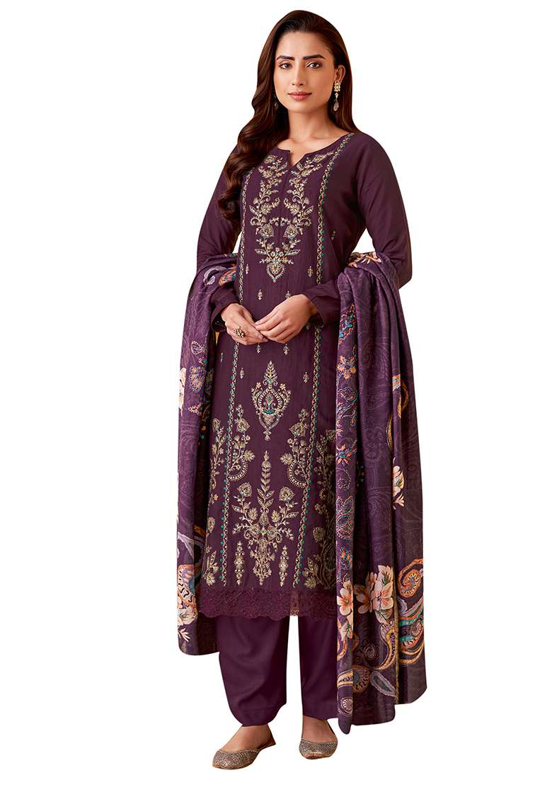 Purple Embroidered Muslin Dress Material - Indya