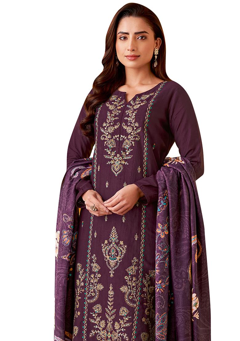 Purple Embroidered Muslin Dress Material