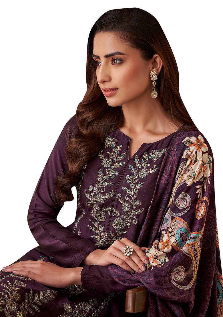 Purple Embroidered Muslin Dress Material - Indya
