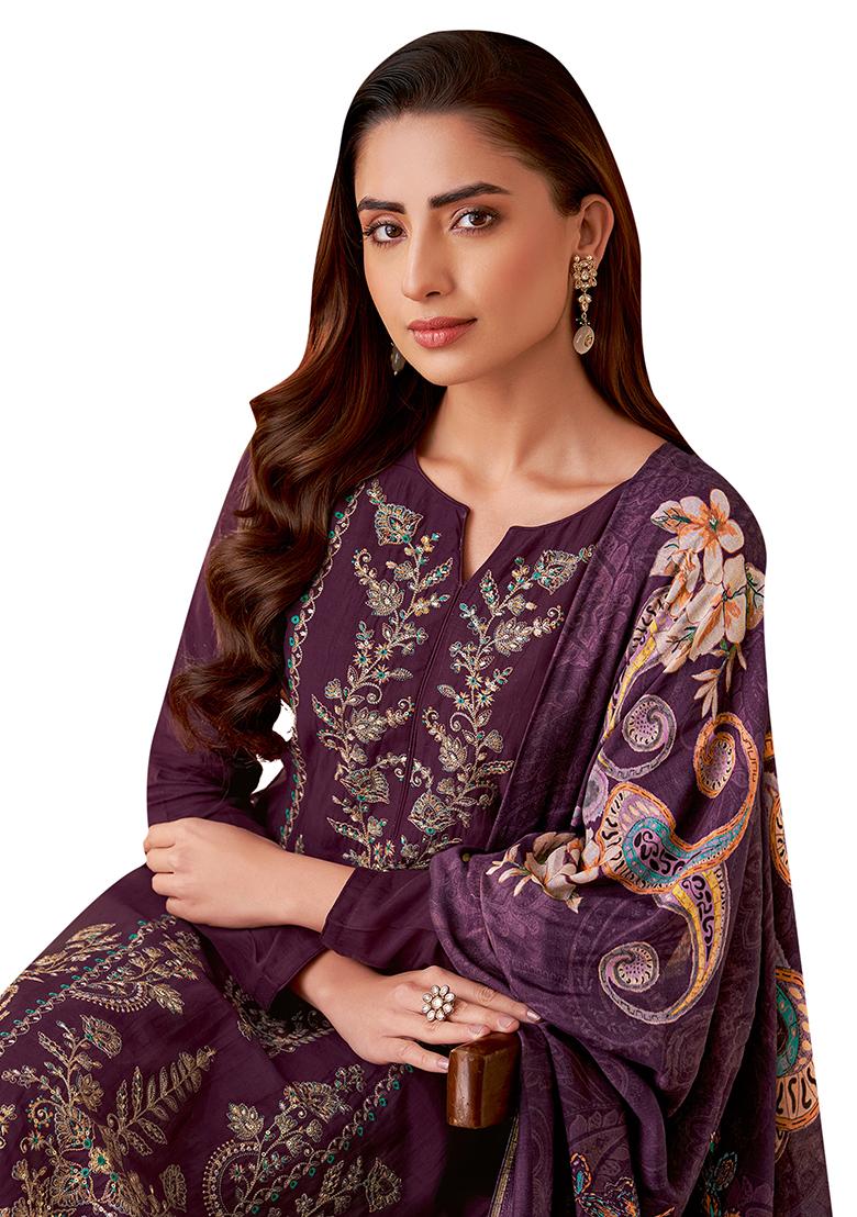 Purple Embroidered Muslin Dress Material