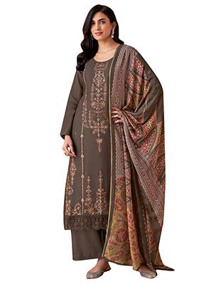 Brown Embroidered Muslin Dress Material