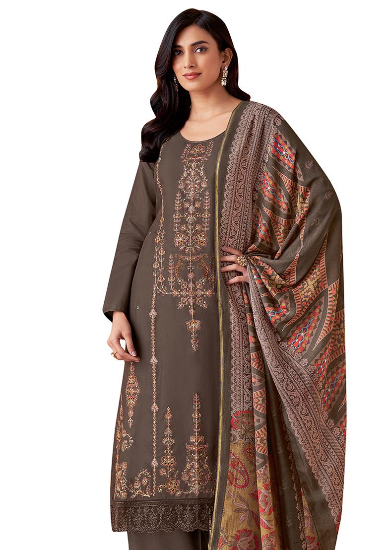 Brown Embroidered Muslin Dress Material