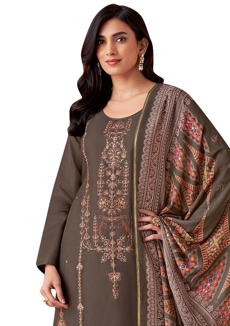Brown Embroidered Muslin Dress Material
