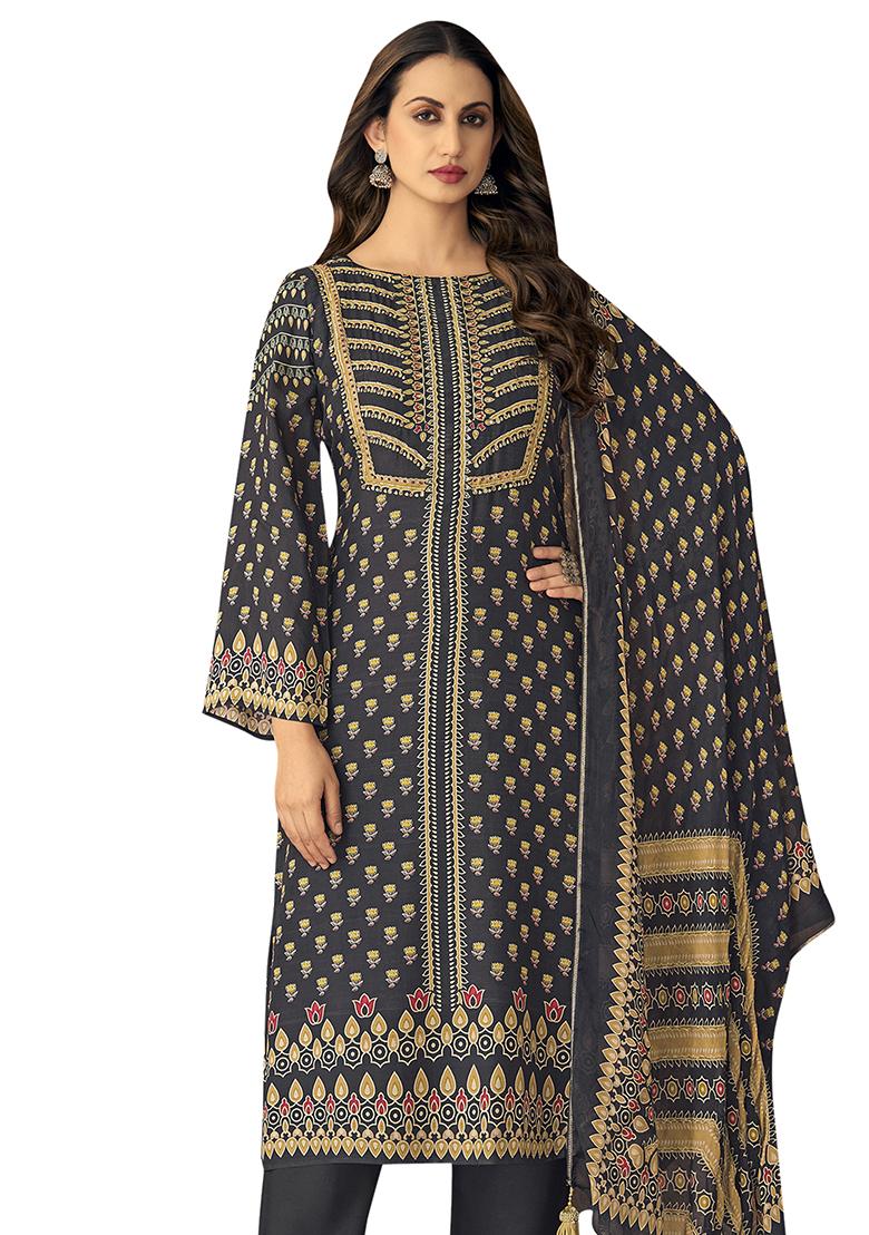 Black Printed Muslin Dress Material