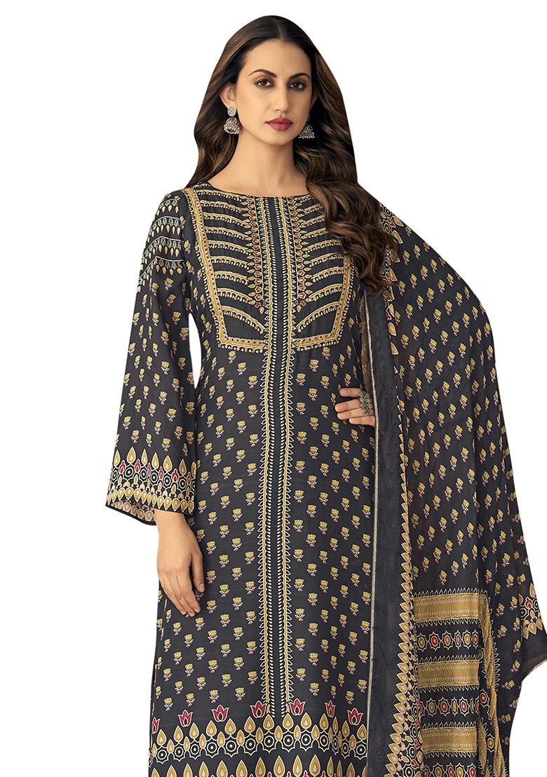 Black Printed Muslin Dress Material