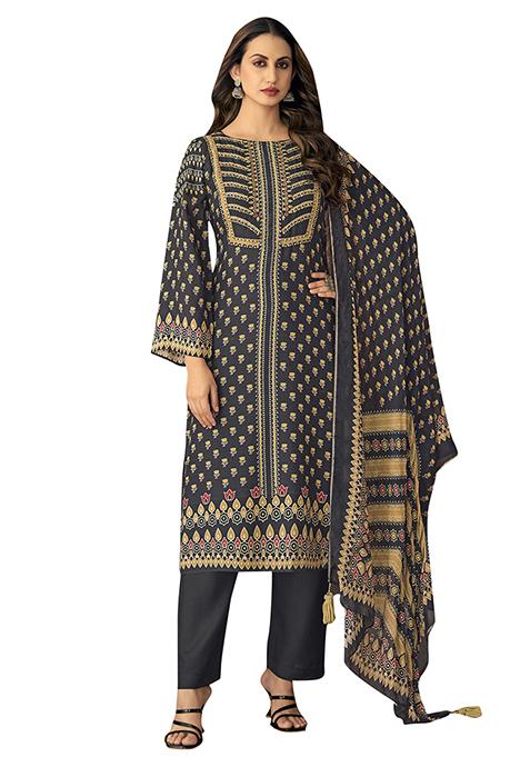 Black Printed Muslin Dress Material