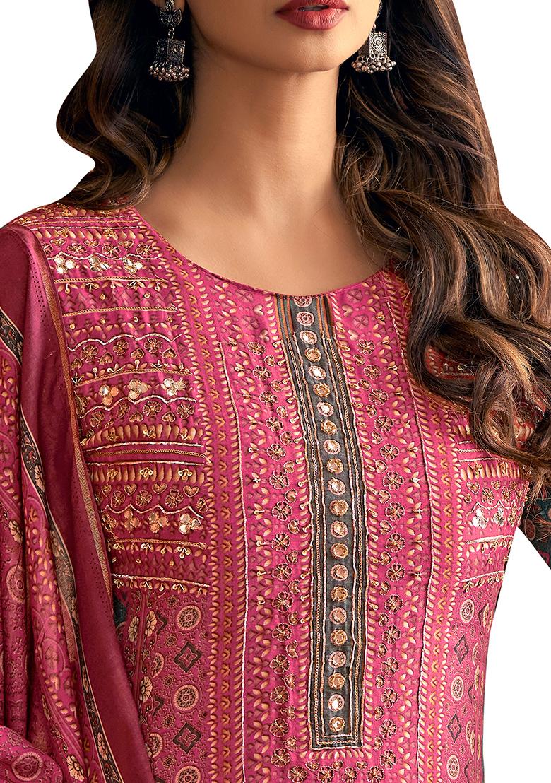 Magenta Printed Muslin Dress Material